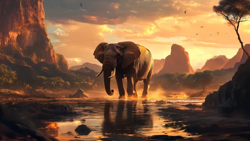 Sunset monarch elephant strides through molten riverlands.