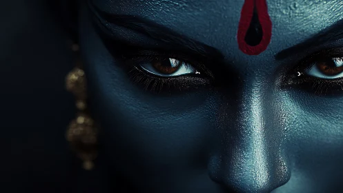 Fierce blue-painted eyes command an intense mystical gaze