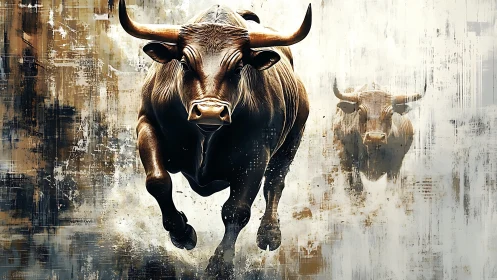 Digital rendering of charging bulls in abstract setting.
