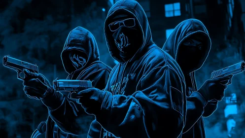 Neon-outlined masked gunmen in dark urban alley scene.