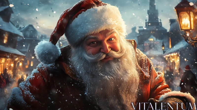 Close-up digital portrait of Santa in snowy village.
