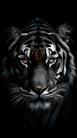 Intense tiger portrait with dramatic low key rim lighting.