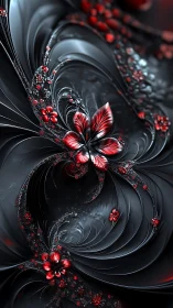Red floral fractal pattern on metallic black background.