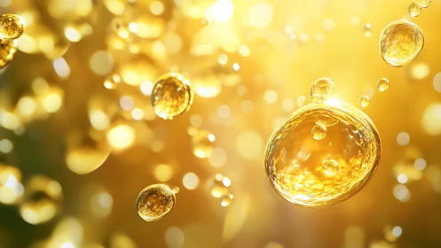 Golden liquid bubbles drift through warm glowing light field