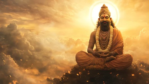 Meditating robed figure sits above dense golden clouds