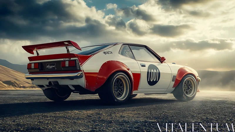 Retro rally samurai car prowls a storm-lit desert horizon.