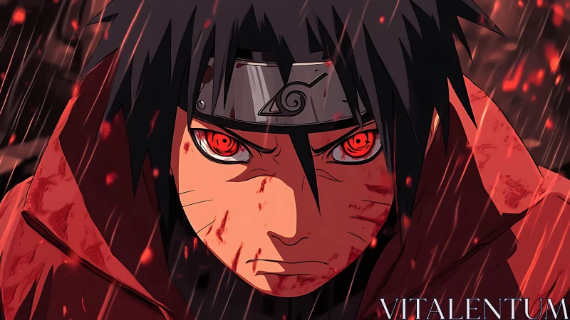 Intense red eyed ninja under rain in dramatic anime closeup.