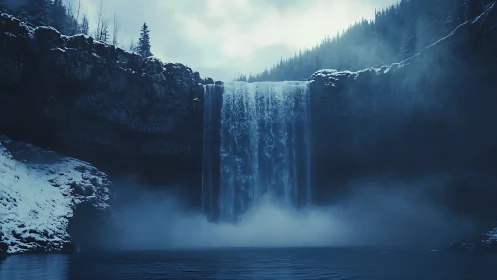 Snowy cliff waterfall under mist in cold blue light.
