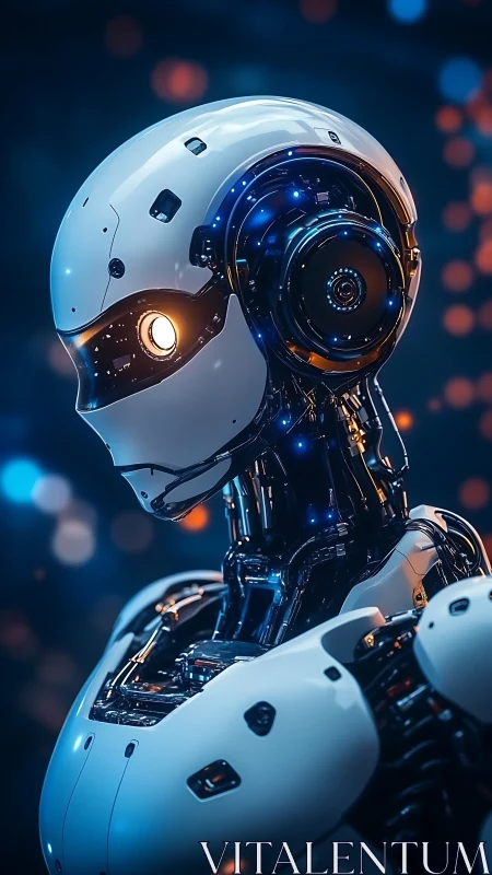 Humanoid service android in profile under bokeh cybernetic lighting