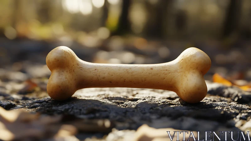 Close-up synthetic dog bone toy on sunlit forest pathway
