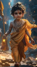 Radiant child deity render with volumetric lighting and cloth dynamics