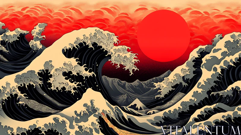 Reimagined ukiyo-e seascape aligns towering waves with crimson sun