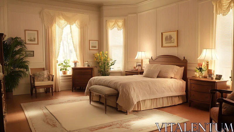 Sunlit traditional bedroom with warm wooden furnishings.