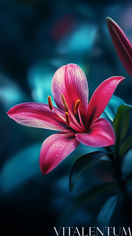 Pink Lily Flower with Water Droplets Against Teal Background