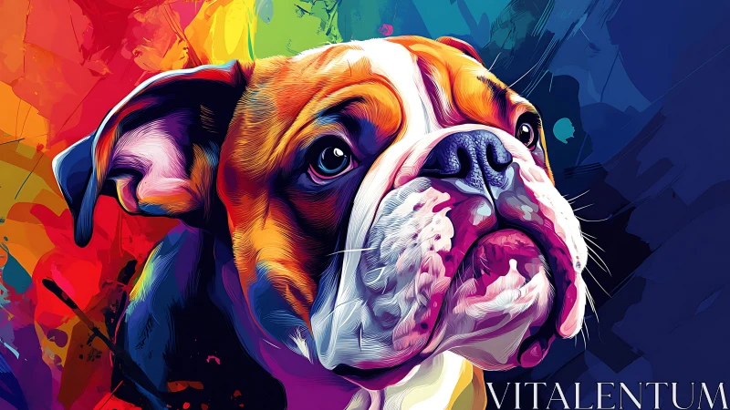 Color-drenched bulldog portrait glows against abstract splashes.