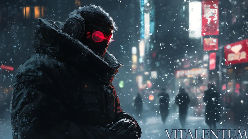 Cybernetic wanderer studies neon snowfall in dystopian street