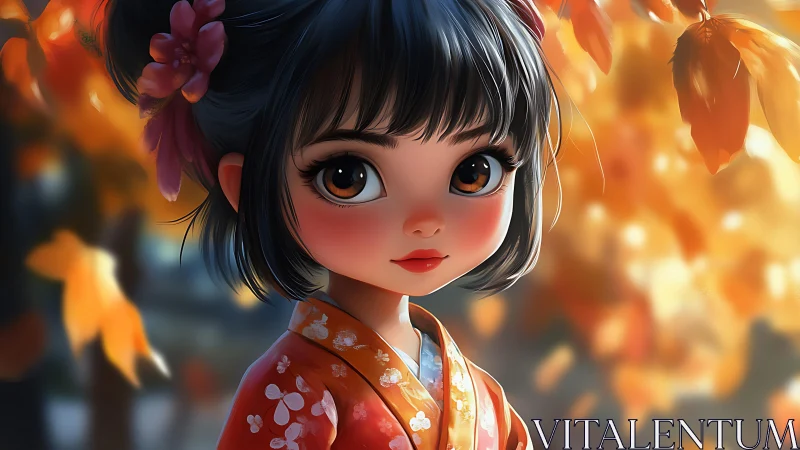 Autumn anime girl in kimono with glowing bokeh leaves.