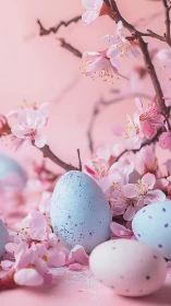 Speckled pastel eggs rest among pink cherry blossoms