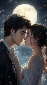 Two figures positioned closely beneath large luminescent moon.