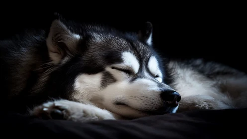 Low key closeup of sleeping Siberian husky in soft focus