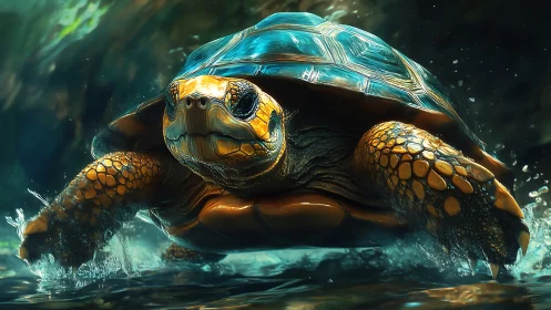 Digital depiction of a turtle moving through shallow water.