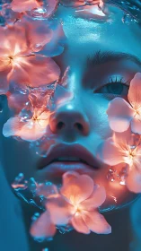Bioluminescent petals encase hyperreal wet portrait in cyan light