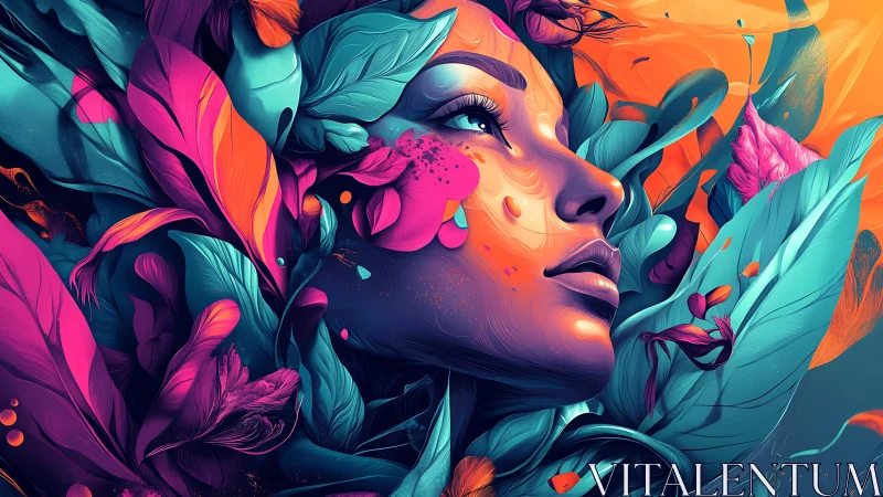 Floral neon portrait merges human face with vivid nature bloom.