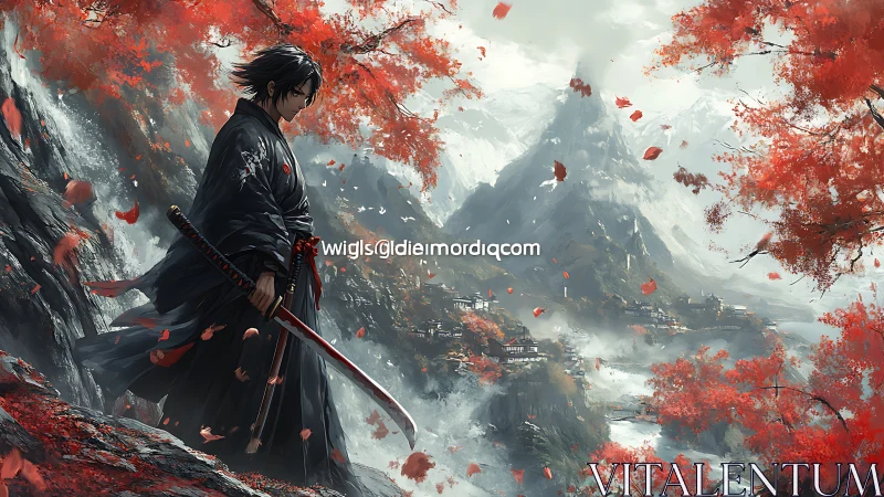 Samurai on crimson cliff in misty mountain valley panorama.