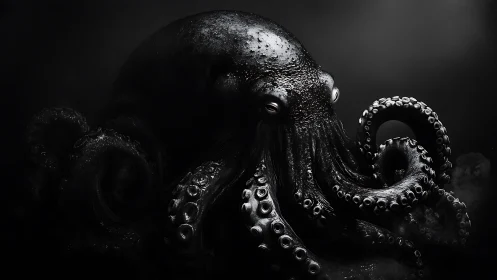 Monochrome octopus emerges from abyssal black water.