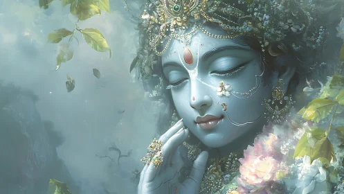 Serene blue-skinned deity portrait with floral adornments.