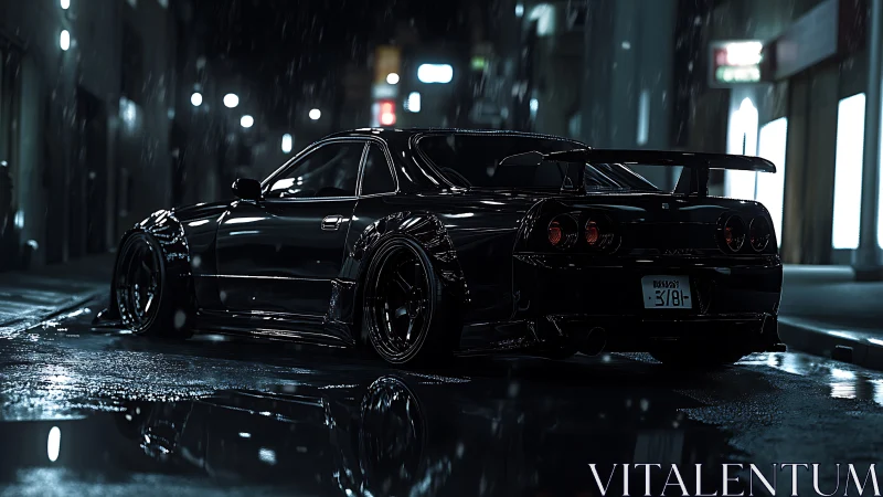 Photorealistic tuner coupe in cinematic nocturnal streetscape.