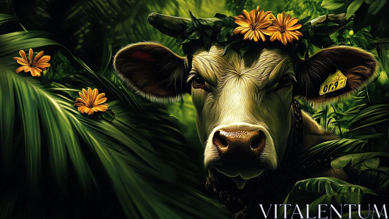 Cow head with flower crown framed by dense jungle foliage