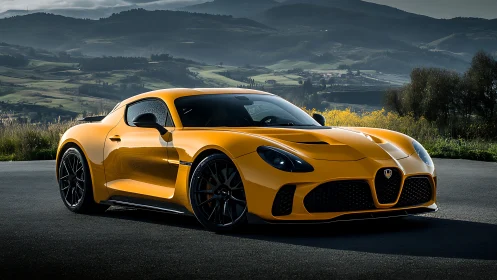 Yellow supercar on mountain road under dramatic daylight.