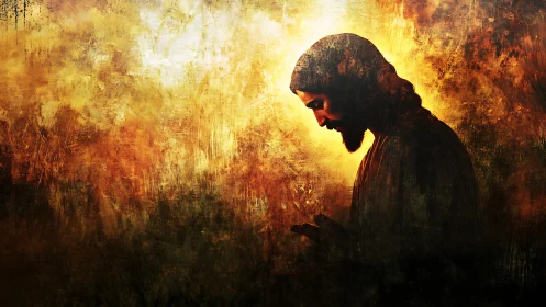 Digital painting of contemplative figure in radiant chiaroscuro focus.