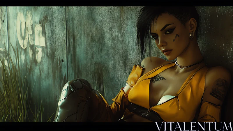 Cyberpunk street rebel resting against rusted wall.