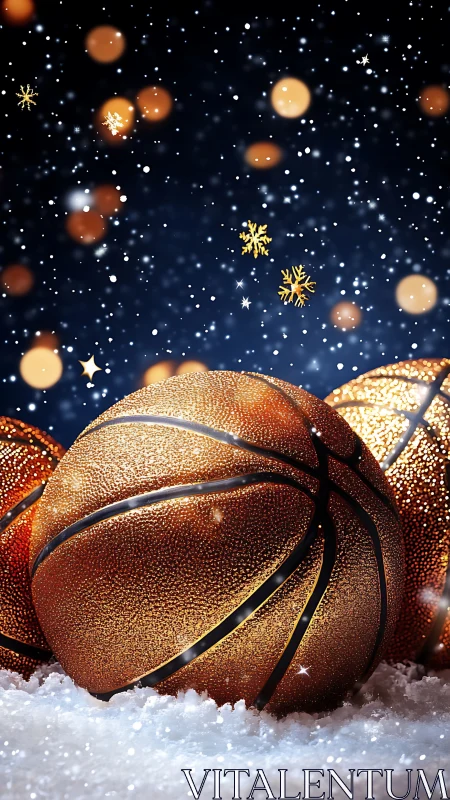 Festive winter basketball still life with glittering bokeh.