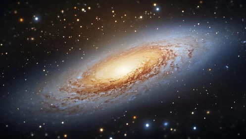 Spiral galaxy core glowing in dense starfield panorama.