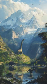 Sauropod dinosaurs in alpine valley with glacial massif backdrop