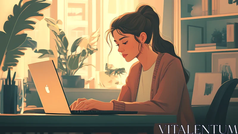 Woman using laptop at home desk in warm interior light.