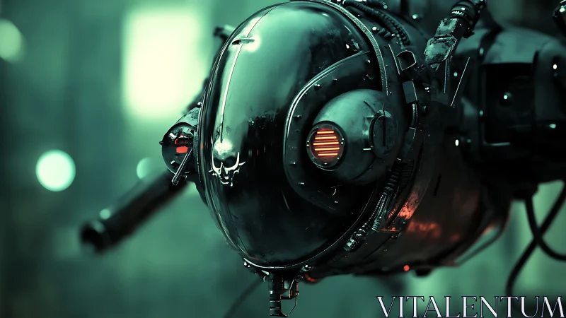 Cyberpunk drone head with glowing red optic lens.
