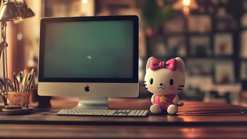 Cozy desk nook with cute cat mascot and glowing iMac screen.