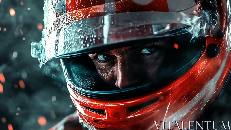 Racing driver’s piercing eyes burn behind glossy helmet.