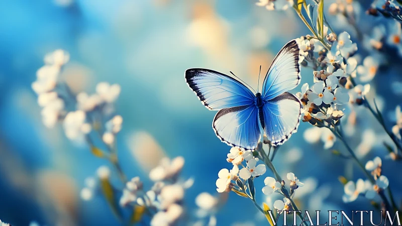 Blue morpho butterfly rests on blossoms in soft bokeh field
