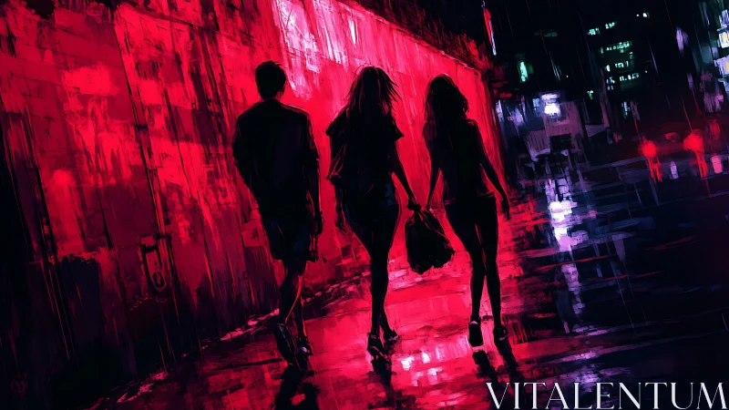 Neon rain stitches three restless silhouettes into night