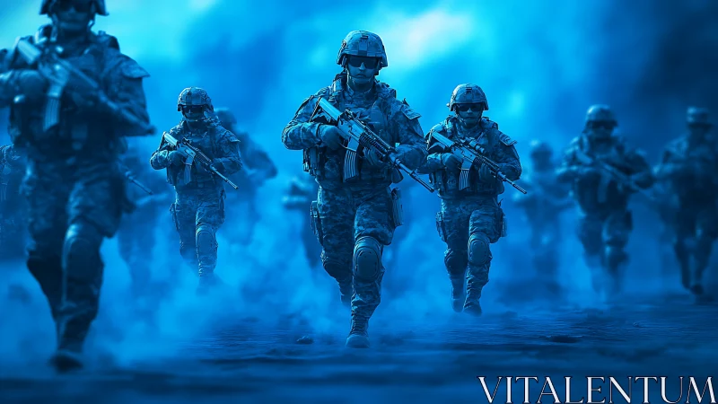 Armed soldiers advance through blue battlefield smoke in unison