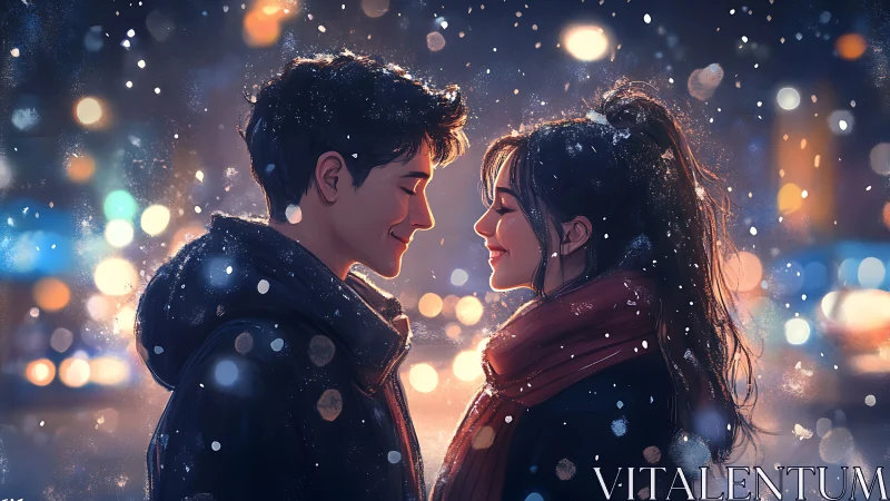 Two figures embrace in luminous snowfall with warm bokeh lighting