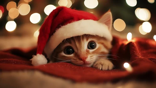 Ginger kitten in Santa hat rests amid glowing bokeh lights.