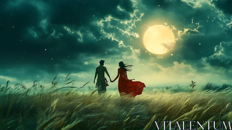 Couple Hand-in-Hand Through Golden Hour Wheat Field with Luminous Full Moon