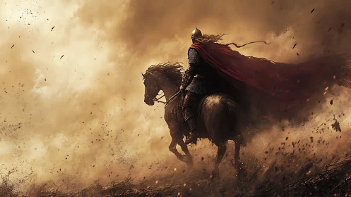 Lone armored rider charges through a storm of swirling dust.
