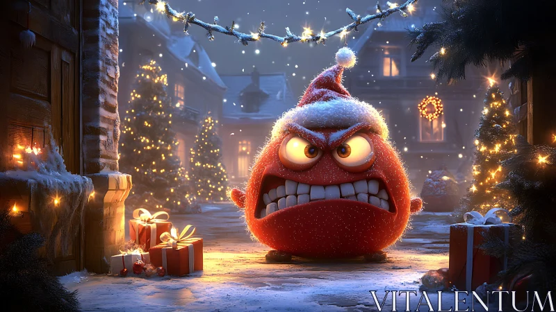 Grumpy little Christmas helper guarding snowy doorstep.